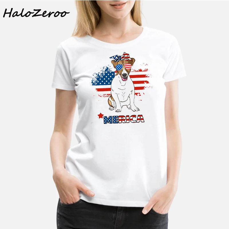 Jack Russell Merica напечатаны Лето 2019 забавная Футболка женская белая футболка