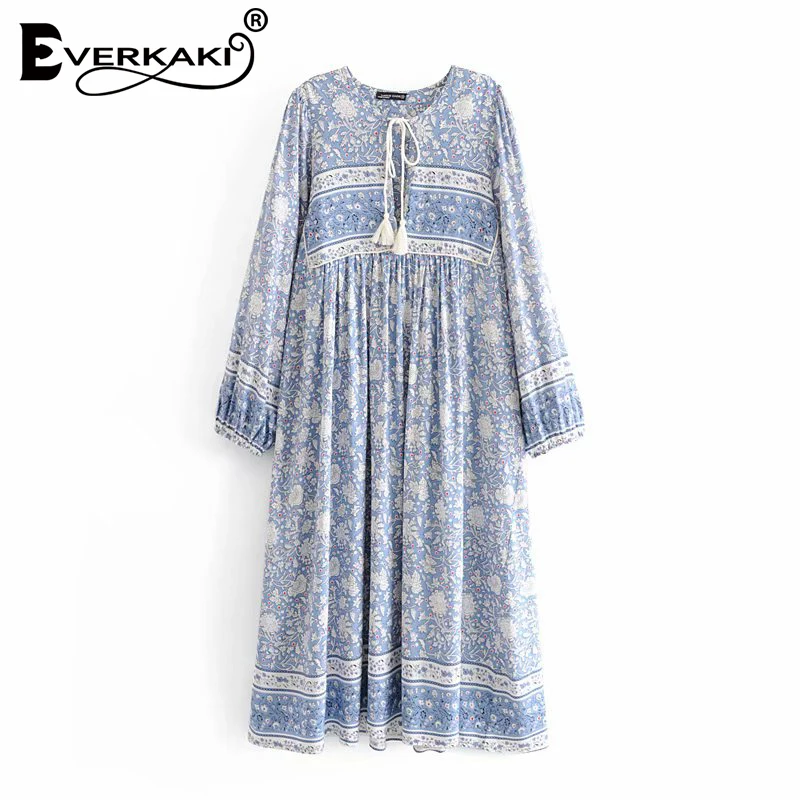 Everkaki Gypsy/длинное платье с принтом для женщин Boho кисточки длинным рукавом синее