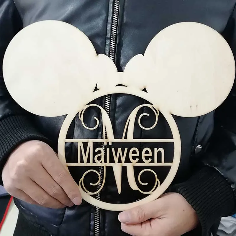 Персональный мультфильм мышь монограмма знак имени деревянный Baby Shower знак на дверь, на заказ деревянная дверь вешалка детское имя подарок на день рождения