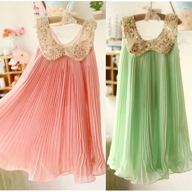 2019 Summer Girl Dress Pleated Chiffon One-Piece With Paillette Lace Collar Children Colthes For Kids Baby Pink/Green | Детская одежда