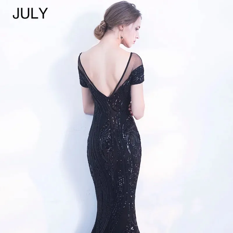 Женское длинное платье с открытой спиной JULY Черное вечернее блестками 2019|Женские