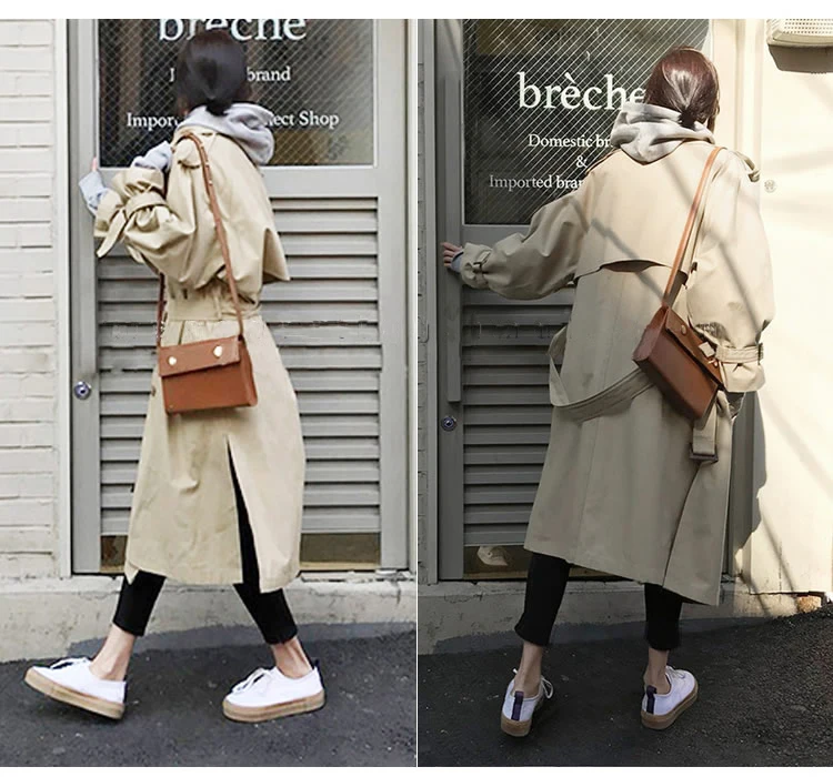 Korean Style Side Split Women's Trench Coat Autumn Winter Double Breasted Khaki Sahses Loose Trench Overcoat Windbreaker