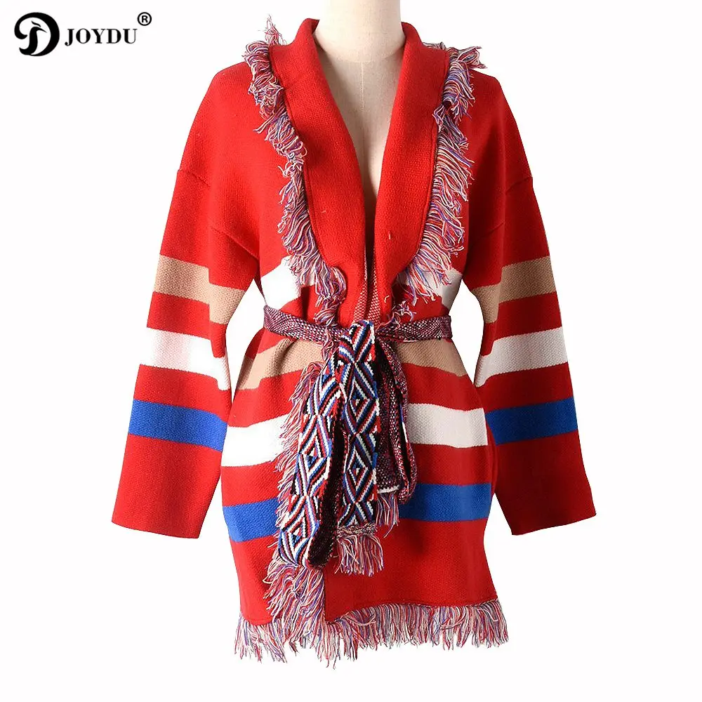 JOYDU Runway Poncho Cardigan Sweater Women 2018 Winter Thick Cape Tassel Lapel Wool Coat Jacket Color Block Striped Knit Jumper |
