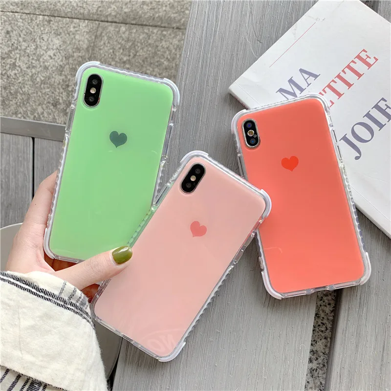 Anti-knock pure color loving heart Transparent Orange green pink IMD phone Case For Apple iphone 6 6s 7 8 Plus X XS XR MAX case |