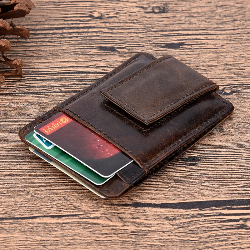 Genuine Leather Men Slim Small Card Holder Wallet Causal Oil Wax Cowhide Vintage Male Purse Coin Pocket Credit Card Clips