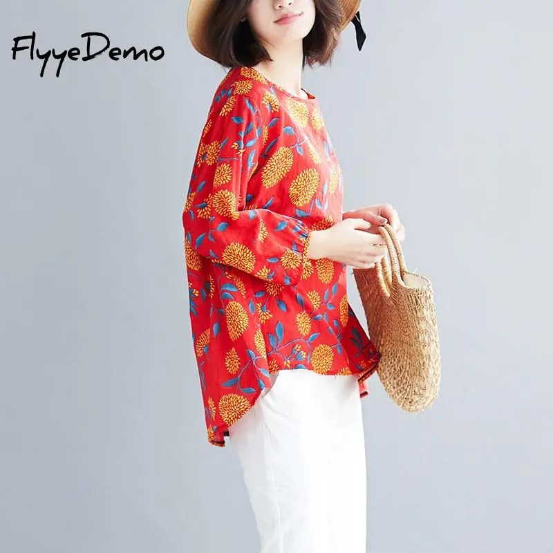 Летняя женская Повседневная футболка с цветочным принтом красная свободная