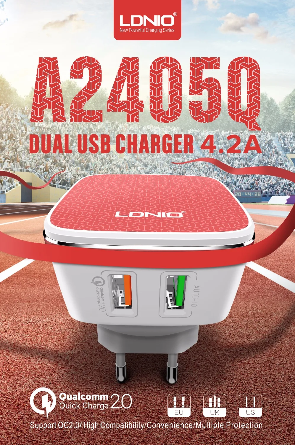 Зарядное устройство LDNIO A2405Q Quick 2,0 2 usb порта UK/EU/US