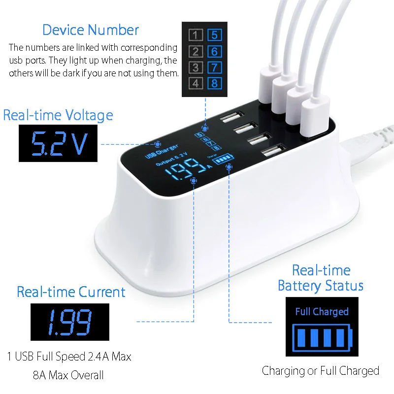 8 портов настенное зарядное устройство и usb-разветвитель адаптер 8A