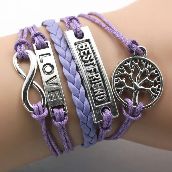 4 Цвета Ручной работы Комбинированный Браслет Бесконечная Любовь Жизнь Дерево и Лучший Друг Браслет Ювелирные Изделия Обернуты Снаружи Кожаным Шнуром