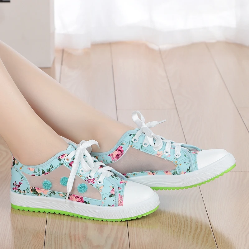 2018 Spring Fall Flat Canvas Shoes Big Girls Casual Floral High Top Mesh Gauze Splicing Sandals Kids Sports G602 | Детская одежда и