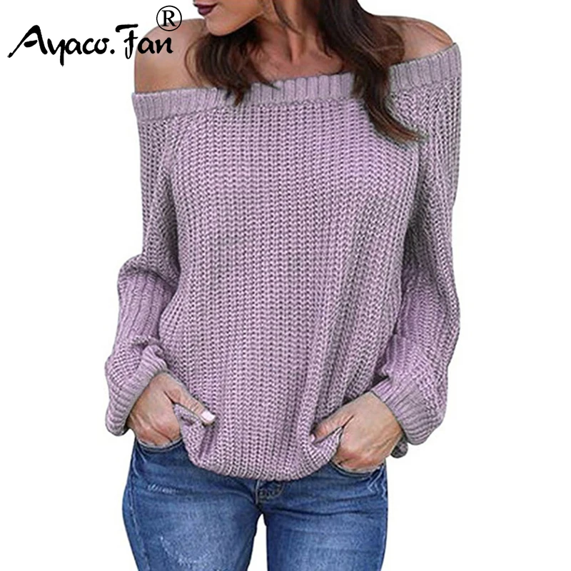 Pullovers 2019 Autumn Winter New Solid Off Shoulder Lantern Sleeve Knitted Sweaters for Women Female Lady Loose Pull Plus Size | Женская
