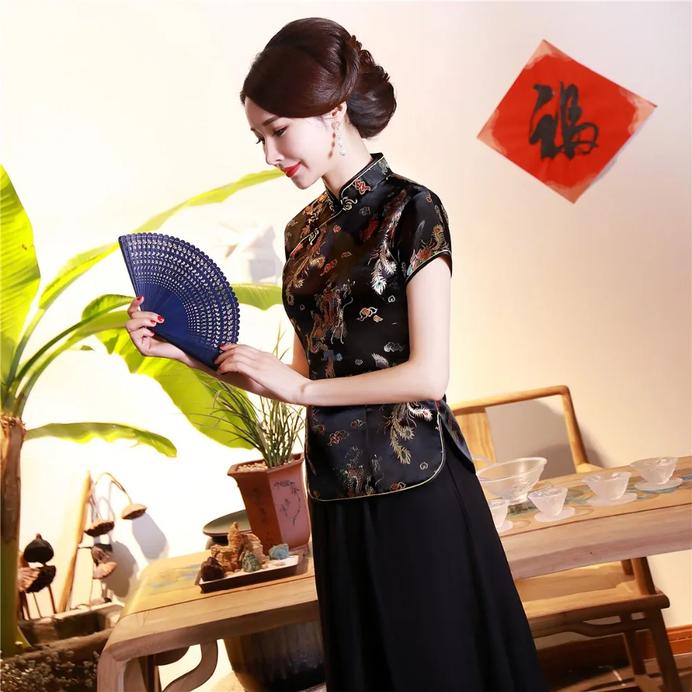 Шанхай история короткие Cheongsam Топ Традиционный китайский искусственный шелк/Атласный топ Дракон и Феникс Вышивка Блузка Топ Qipao рубашка