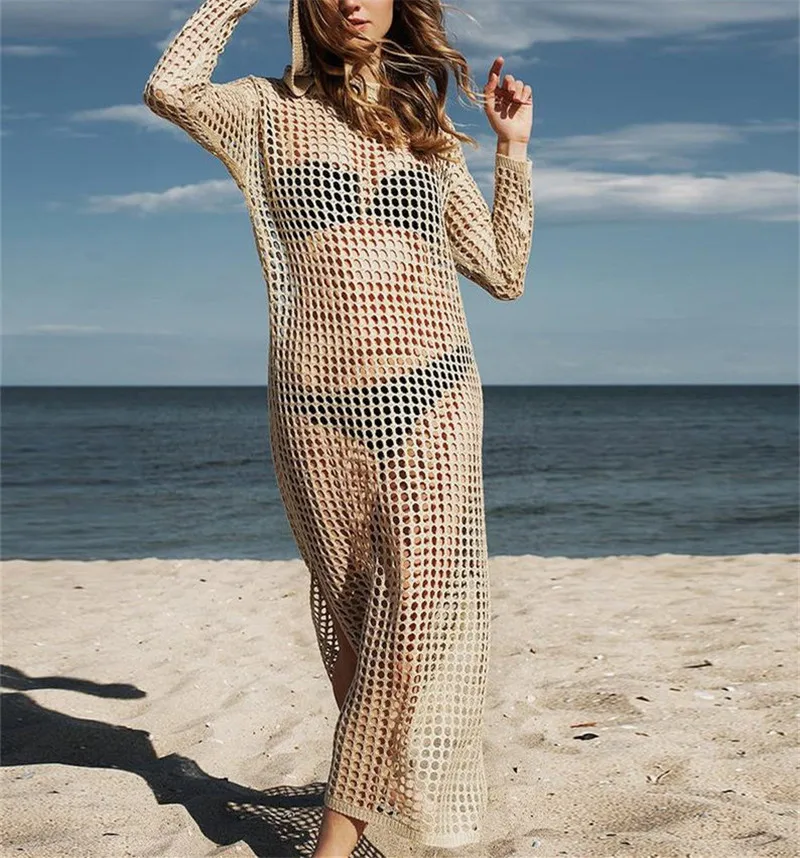 

Long Knitted Beach Dresses Hoodie Pareo de Plage Swimsuit cover Up Beach wear Pareos de Playa Mujer Bikini Cover up