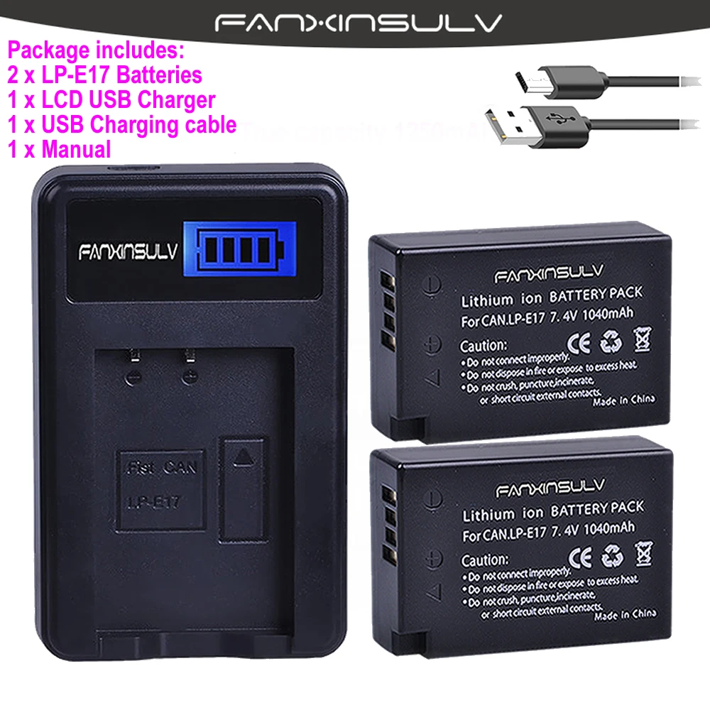 Аккумулятор LPE17 LP E17 2 шт. + зарядное устройство USB с ЖК дисплеем для Canon 200D M3 M5 M6 77D 750D
