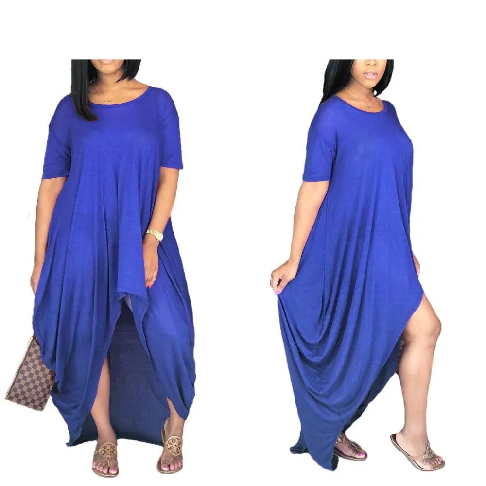 HAOOHU Sexy Long Dress Women Summer New O-Neck Short Sleeve Robe Casual Loose Solid Maxi Dress Irregular Party Club Dress