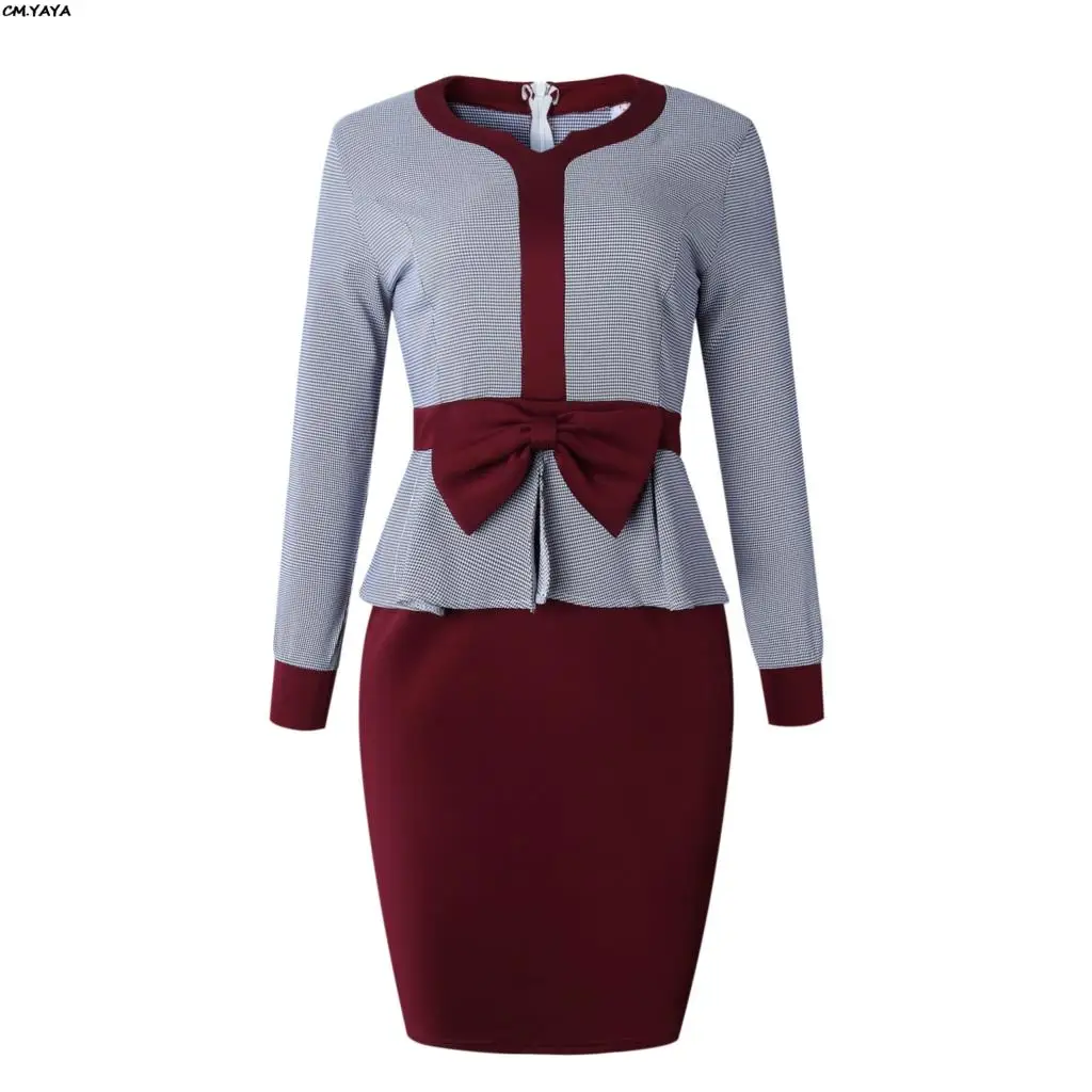 Женское облегающее платье средней длины в клетку с длинным рукавом бантом и