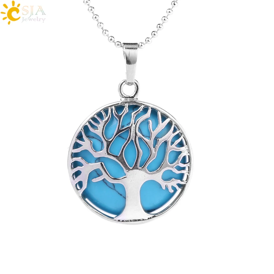 Blue Turquoise Chain CSJA натуральный Круглый драгоценный камень Каббала Древо жизни Ожерелья Подвески Розовый кварц белый кристалл лазурит тигровый глаз опал F044 - Окраска металла: Blue Turquoise Chain