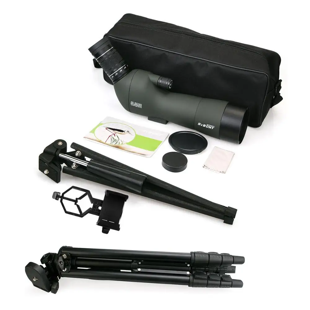 

SVBONY SV29 Spotting Scope 23mm Eyepiece 20-60x60 BAK4 9pcs/4 Groups Waterproof Zoom Telescope w/ Cell Phone Adapter+High Tripod