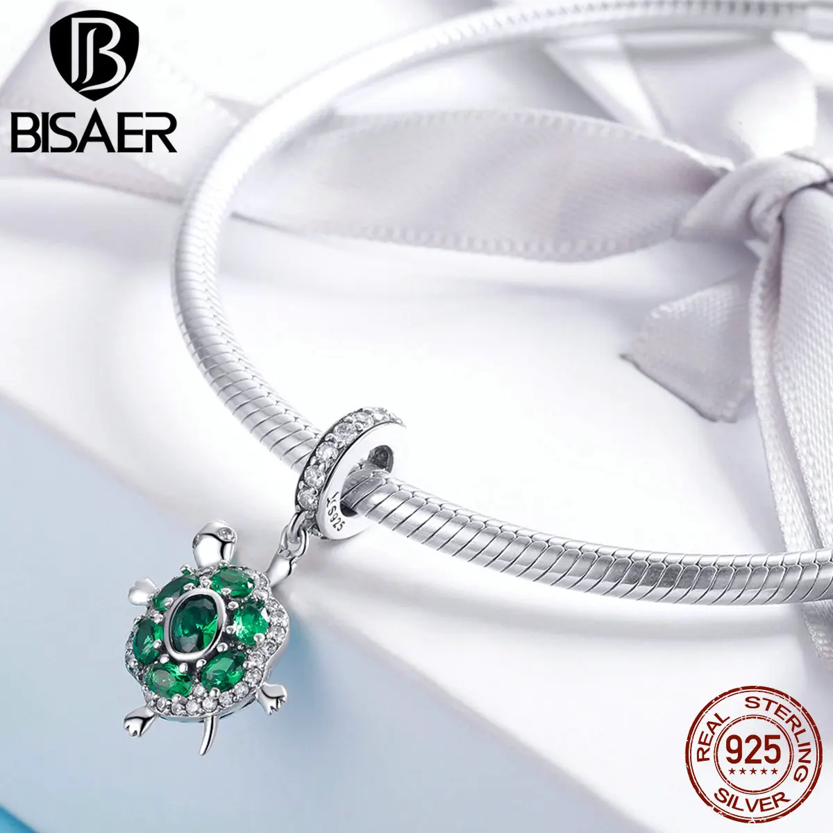 BISAER океанские шармы Черепаховые бусины из серебра с зеленым кубическим