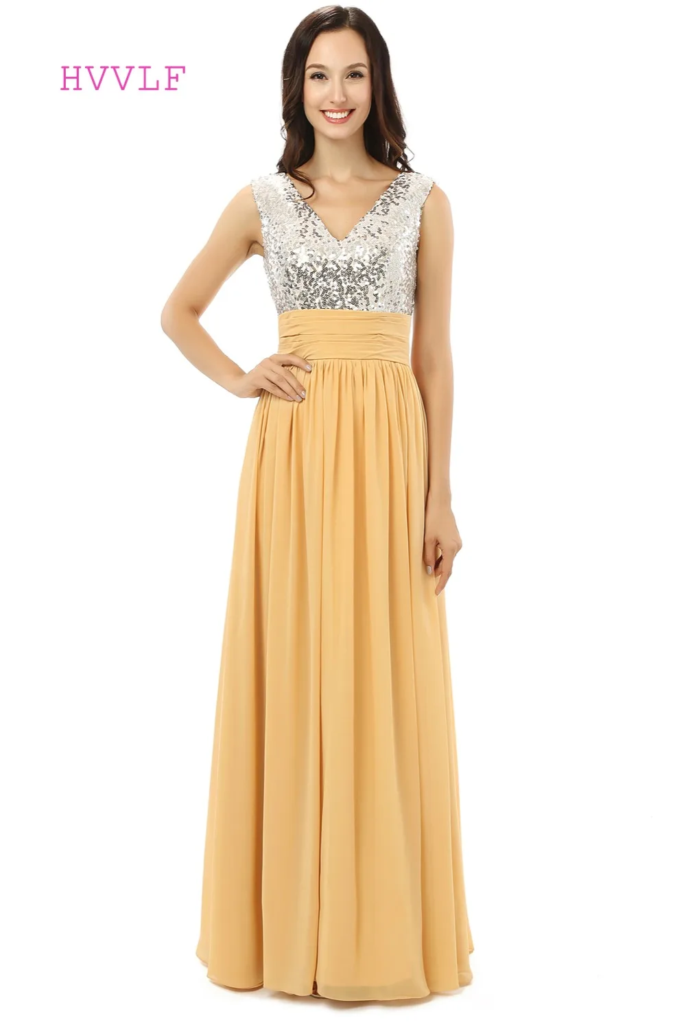 

Gold Robe De Soiree A-line V-neck Floor Length Chiffon Sequins Sparkle Women Long Prom Dresses Prom Gown Evening Dress