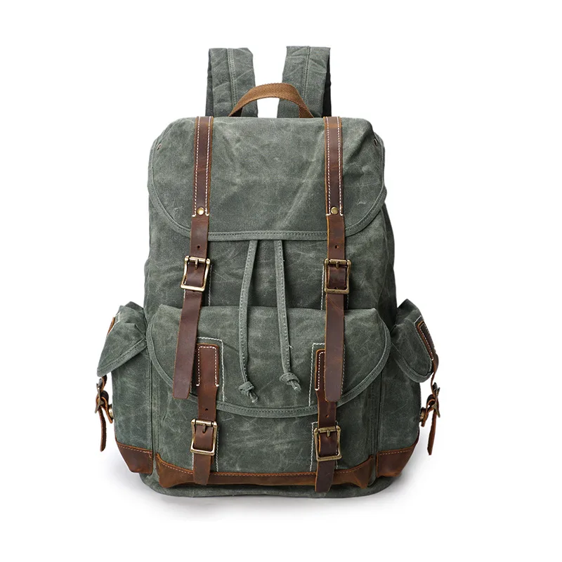 

2018 Vintage Waxed Canvas Men Backpack Large capacity Military Oiled Leather School Backpack Male Rucksack Waterproof Travel Bag