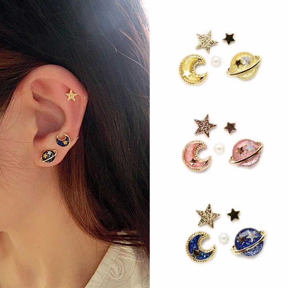 BIG J.W Minimalist Blue Star and Moon Stud Earrings Cute Delicate Yellow Jupiter Earth Personalized 5 Set | Украшения и