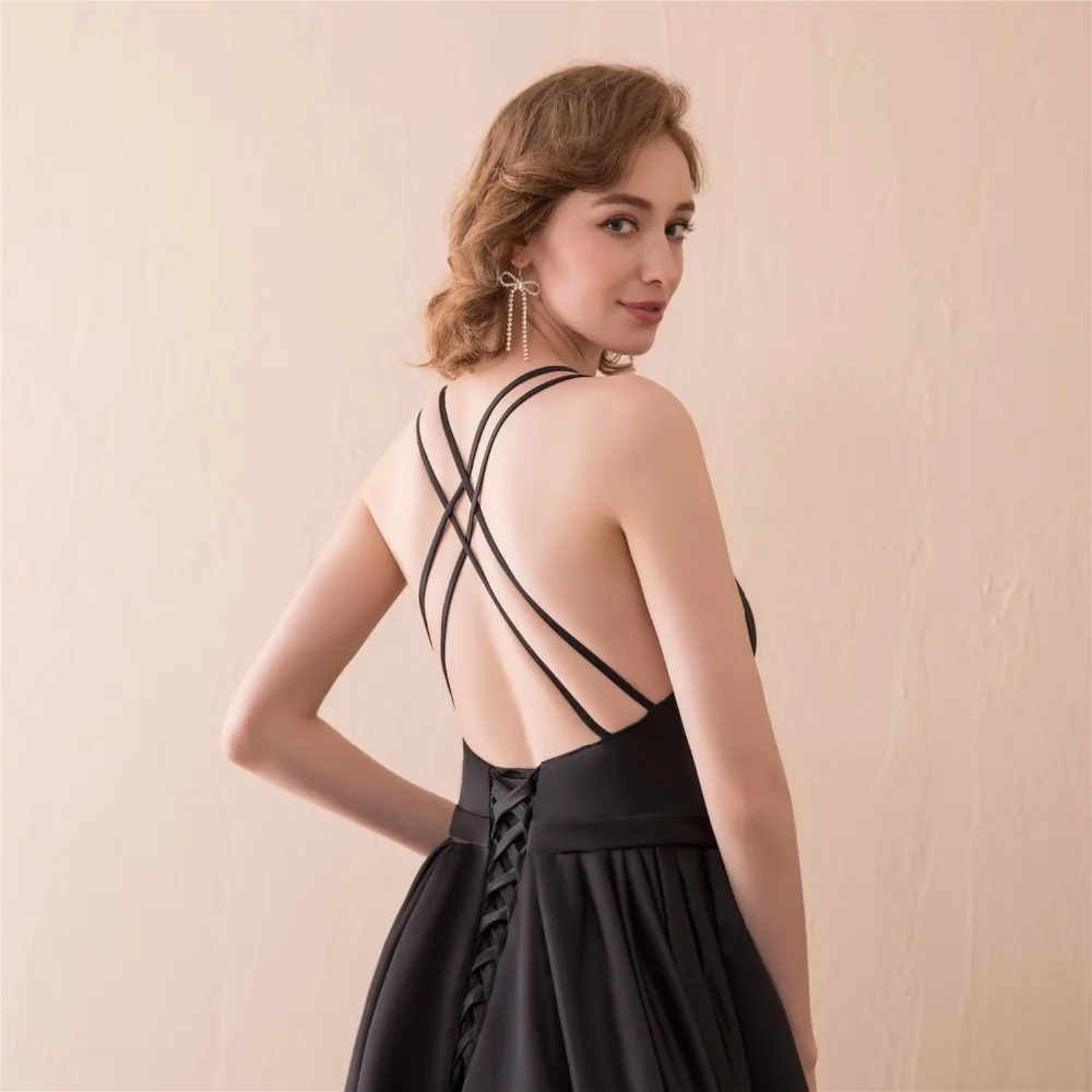 

Robe De Soiree Formal Long Evening Dress Black Satin A Line V Neck Spaghetti Straps Backless Sexy Women Prom Dress Evening Gowns