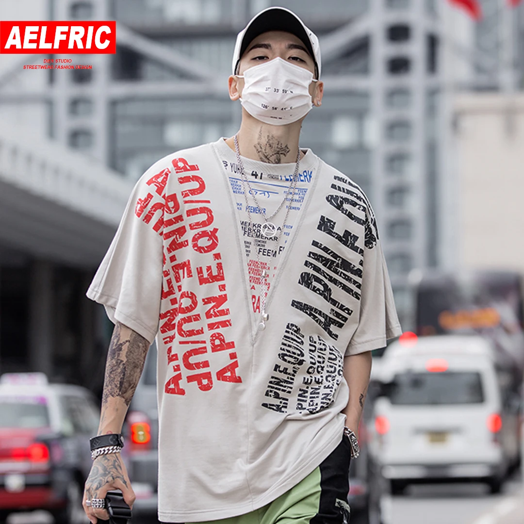 AELFRIC с буквенным принтом граффити, короткий рукав, футболки, мужские, короткий рукав, Harajuku, топы, футболки, хип-хоп, футболка, скейтборд, уличная одежда