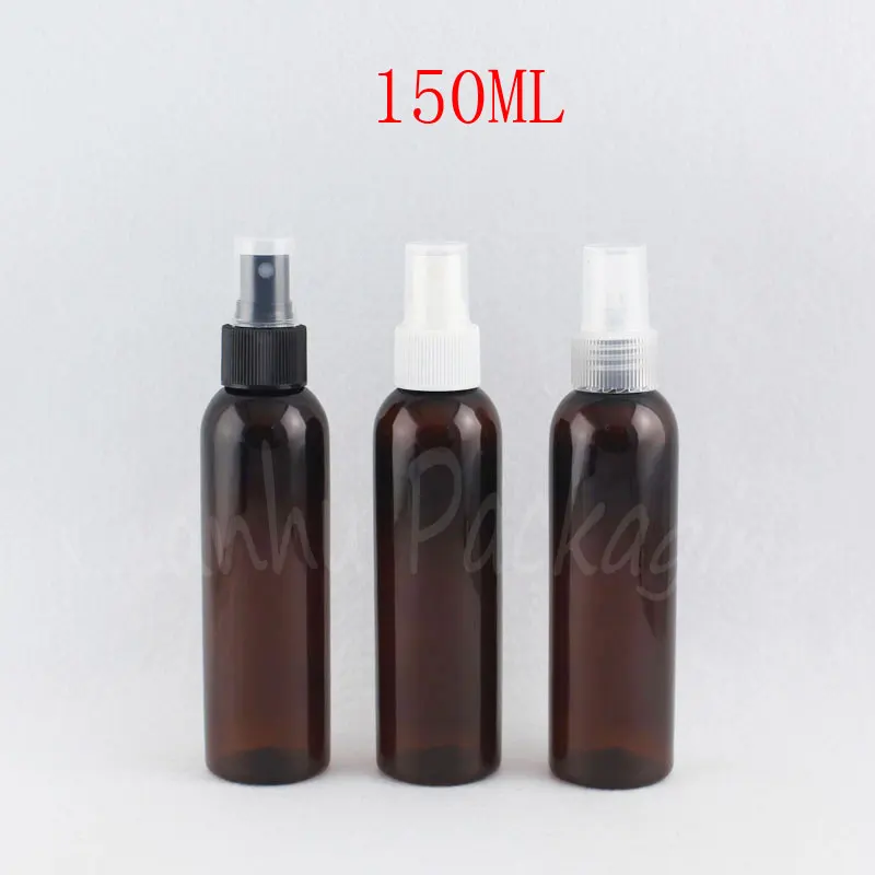 150ML Brown Round Shoulder Plastic Bottle With Spray Pump , 150CC Perfume / Water Packaging Bottle , Makeup Sub-bottling