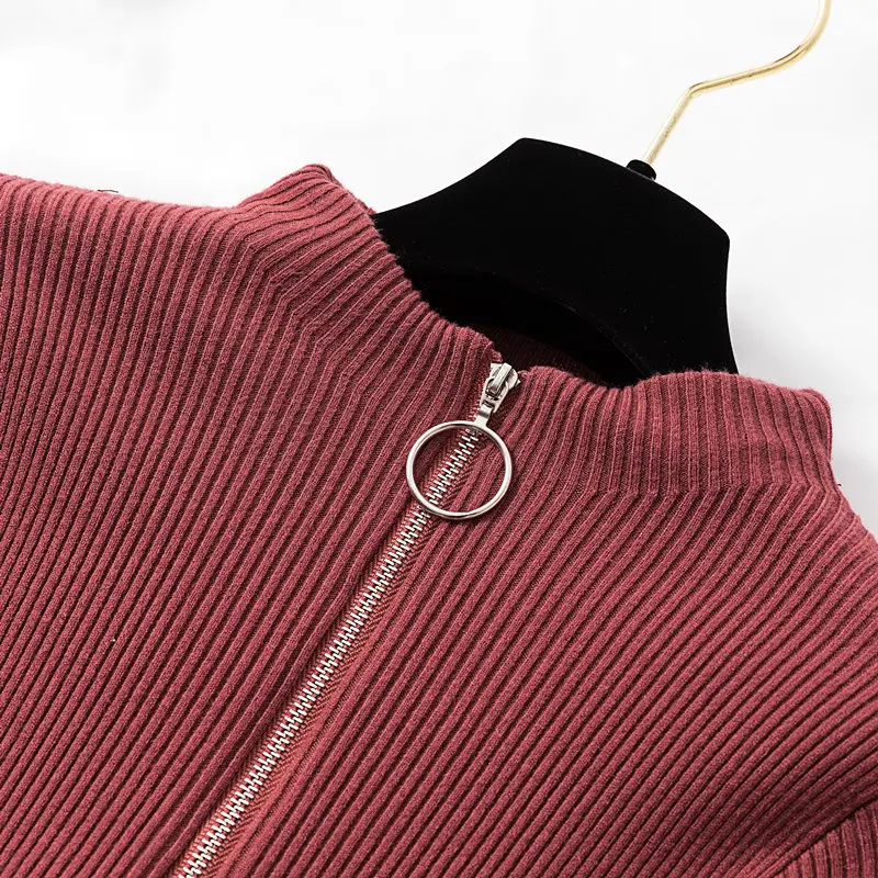 gkfnmt Casual Zipper Sweater Women Half Turtleneck Solid Autumn Female Knitted Pullovers long Sleeve Chic Soft Jumper | Женская одежда