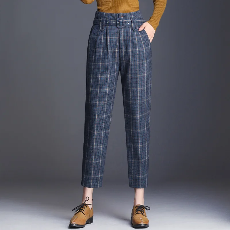 

Autumn and winter new women's fashion plaid high waist nine points harem pants was thin loose thick casual pants AL181216
