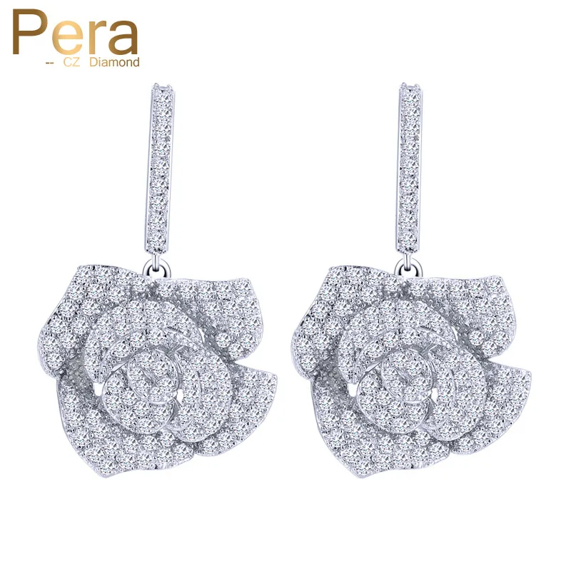 

Pera Romantic Women Party Jewelry Rose Flower Cubic Zirconia Stone Pave Silver Colour Long Dangle Drop Earrings for Ladies E088