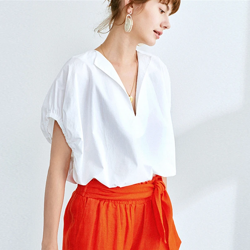 Blouse Women Shirt Simple Design 100% Cotton V Neck Batwing Sleeves Elastic Cuff 2 Colors Loose Top New Fashion Summer 2018 |