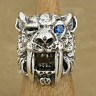LINSION 925 пробы серебристый синий глаз с фианитами перстень саблезубый тигр мужской байкер рок панк Тигр кольцо TA1X США Размер 7  15