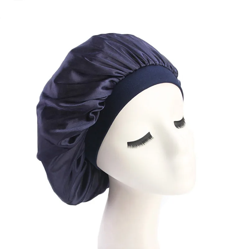 navy blue Женская широкополосная Атласная шапочка для женщин Удобная Ночная мягкая шелковая шапочка для сна колпак для химиотерапии однотонные кепки - Цвет: navy blue