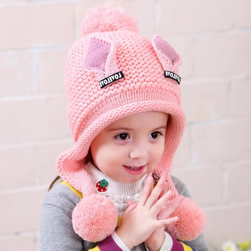 Зимние вязаные шапки для мальчиков и девочек с кошачьими ушками из шерсти 2017 год