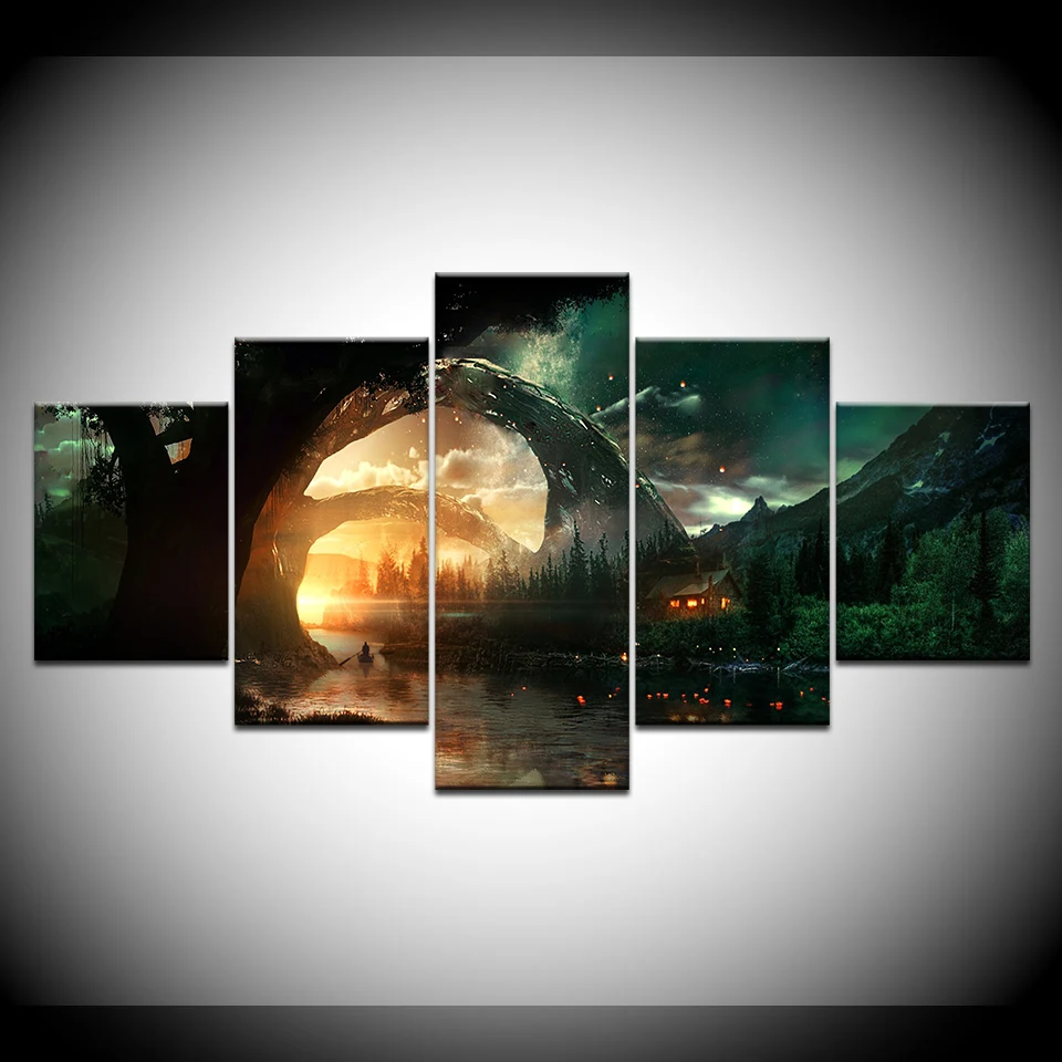 Canvas HD Prints Pictures Wall Art Framework 5 Pcs Sunset Sky tree Seascape Paintings Living Room Home Decor Lake Poster Artwork | Дом и сад
