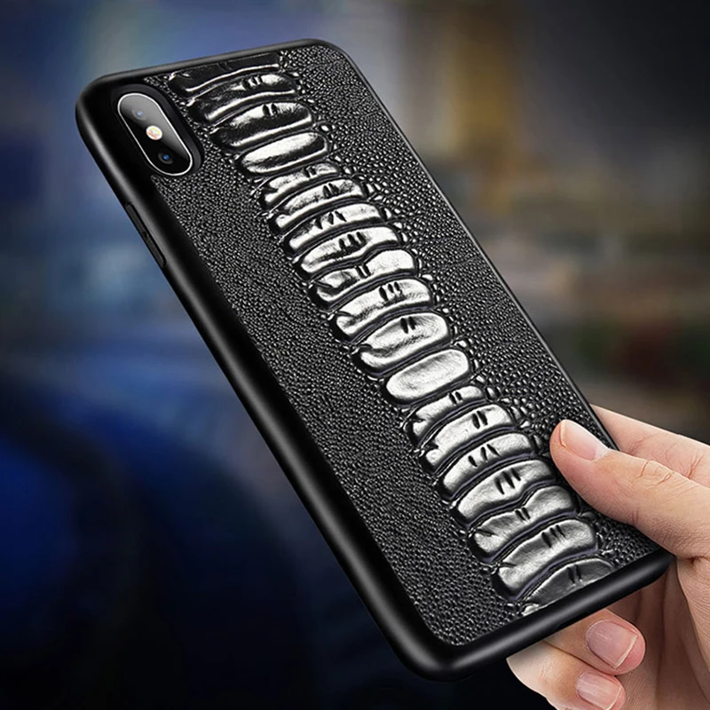 Full Grain Leather Cover For iphone X XR XS Max case luxury Ostrich funda for iPhone 13 Pro 12 Mini 11 | Мобильные телефоны и