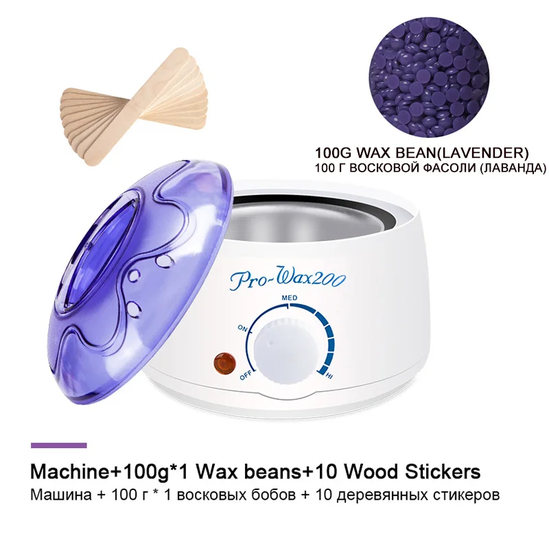Lavender set Электрическая машинка для удаления волос с расплавом воска, нагреватель 100 г, восковые бобы, 10 шт., деревянные наклейки, эпилятор для удаления волос, набор для восковой эпиляции, cera depilatori - Цвет: Lavender set
