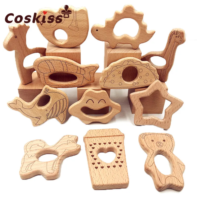 

Lovely Cartoon Wood Teether 10pcs Natural Animal Shaped Baby Teething Nursing Wood Teether Baby Girl DIY Care Pendant Toys