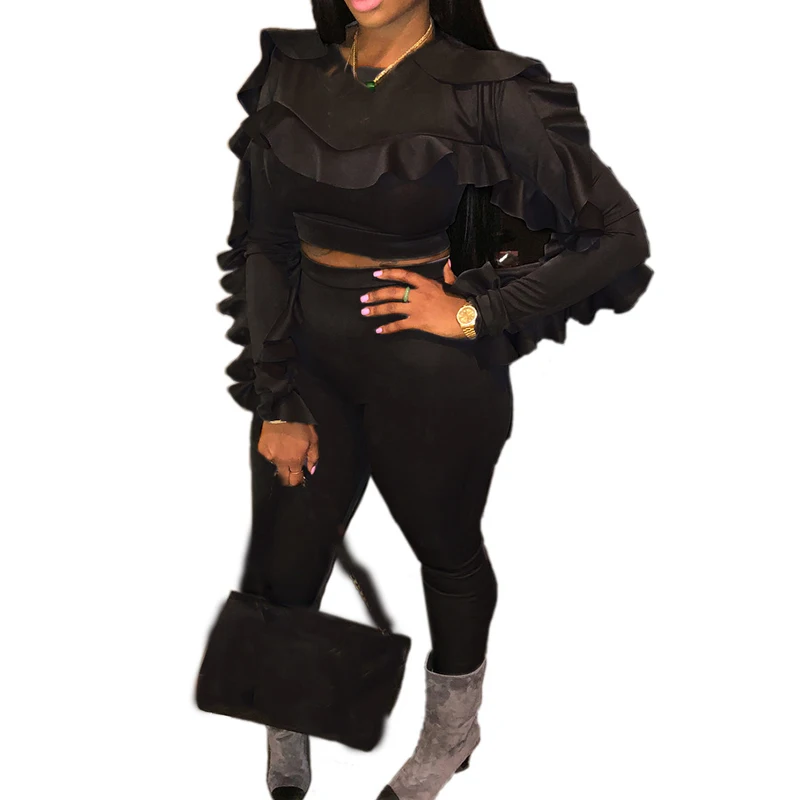 

Black 2pcs Tracksuits Women 2 Piece Sets Casual Outfits Long Sleeve Ruffles Crop Top + Legging Pants Sweatsuit Suits Workout