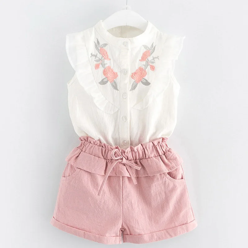 Girls Clothing Sets 2018 New Summer Sleeveless T-shirt+Shorts 2pcs Clothes Set Floral Blouse Costume Crianca Roupas | Детская одежда и