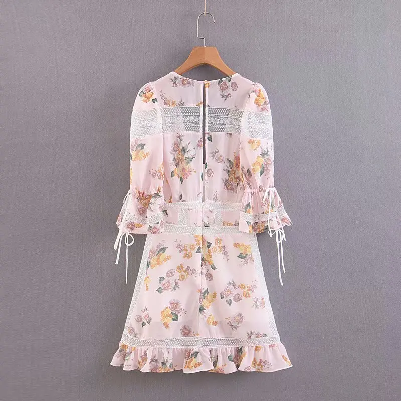 Женское винтажное кружевное платье Boho розовое элегантное мини с v образным