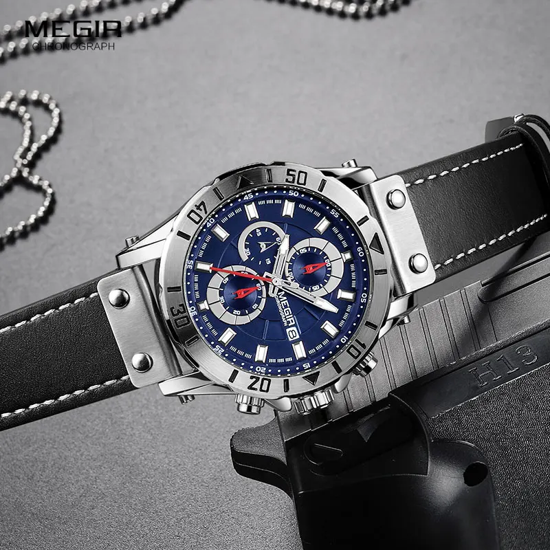 Часы Megir мужские с хронографом спортивные в стиле милитари кожаным ремешком