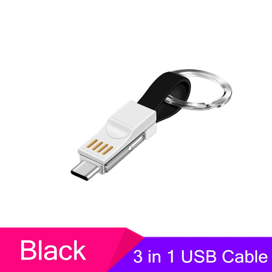 Черный 3 в 1 Micro usb type C кабель Портативный Ключ для iPhone Xs Max 8 7 6 Plus samsung мини брелок зарядное устройство зарядный адаптер USB кабель - Цвет: Черный
