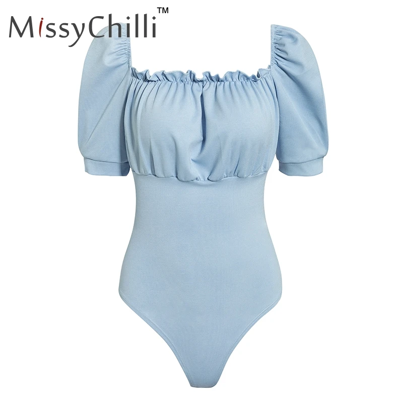 Небесно-голубой MissyChilli черный кружевной комбинезон с квадратным вырезом женский сексуальный короткий комбинезон с пышными рукавами женский элегантный базовый Летний комбинезон - Цвет: Небесно-голубой