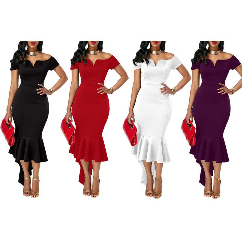 Модное женское сексуальное платье с открытыми плечами однотонное облегающее