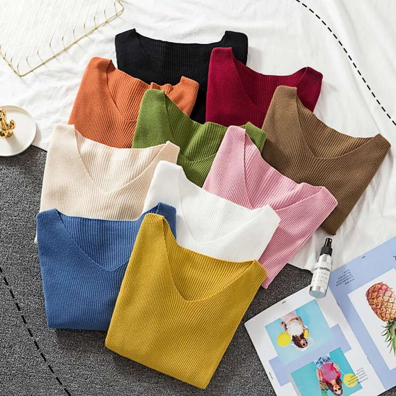 

Shintimes Women Solid Sweater High Elastic Fashion Warm Sweater Women Slim Sexy V Neck Knitted Pull Femme Poleras Sueter 2019
