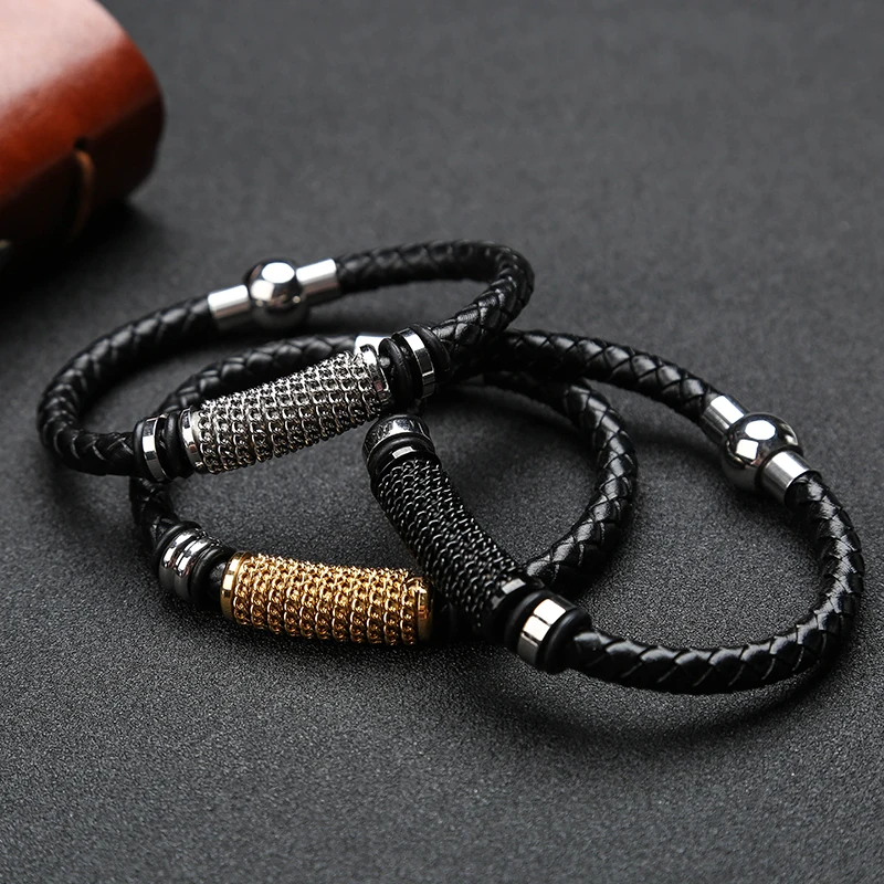 MOGE новое поступление черный плетеный кожаный браслет для мужчин нержавеющие