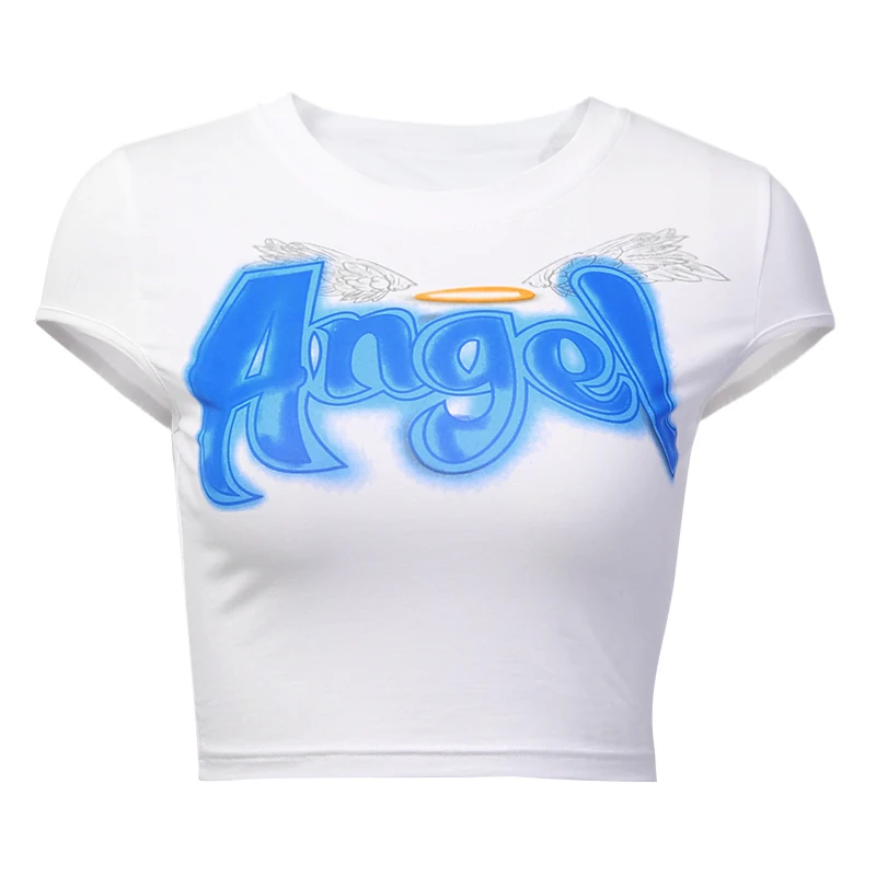 InstaHot белая тонкая облегающая короткая футболка с буквенным принтом Ангел